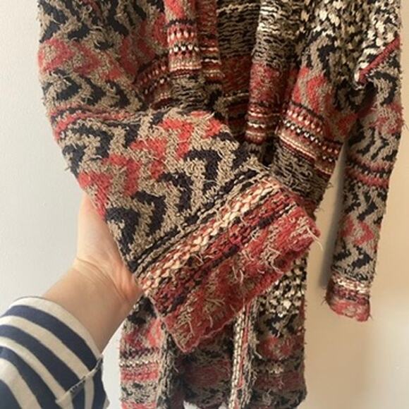 Free People Iona Long Belted Cardigan XS Heavy Knit Distressed Boho Wool Alpaca - Picture 5 of 14